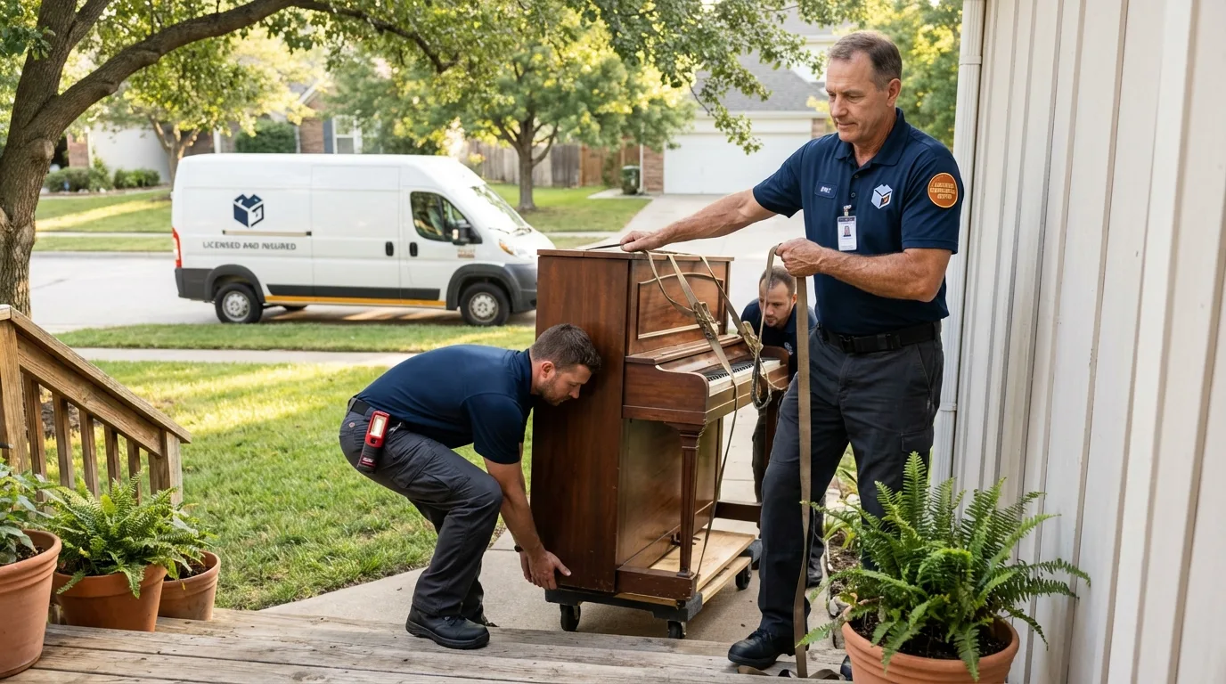 Licensed piano movers securing grand piano in Kingston, IL