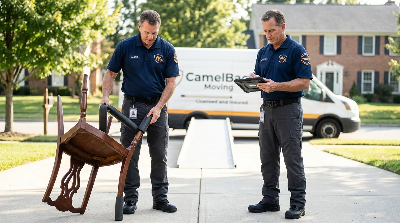 Movers inspecting furniture for damage prevention before loading in Kingston, IL