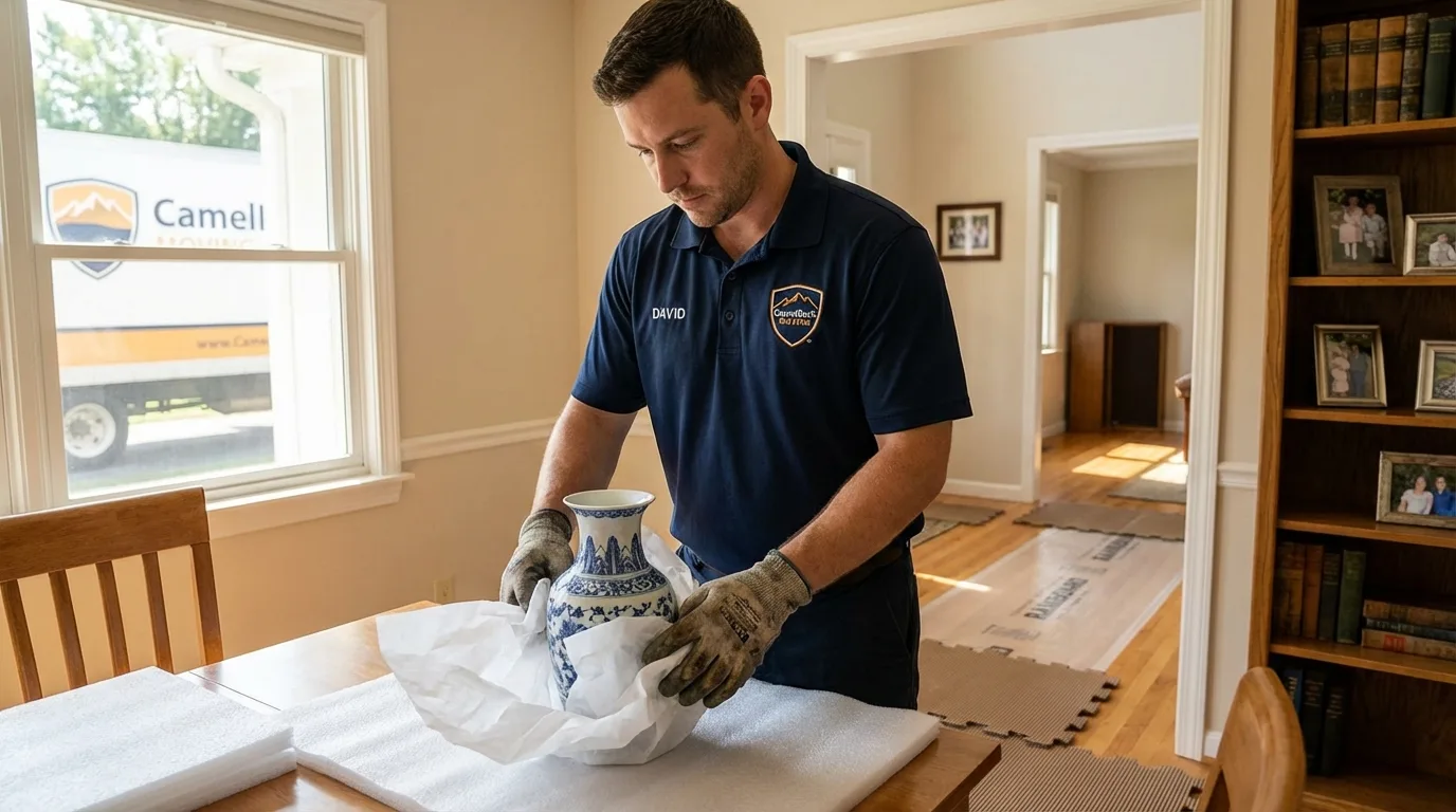 Professional crew carefully wrapping antique vase for senior downsizing move in Kingston, IL