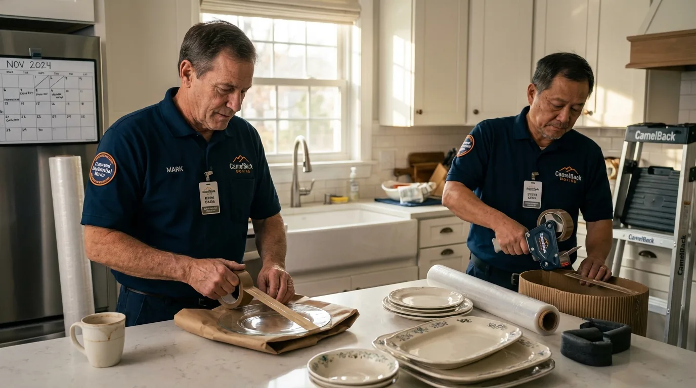 Professional crew packing kitchen dishware in Kingston, IL